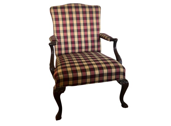 Plaid Sateen Upholstered Formal Queen Anne Armchair