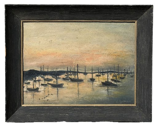 Vintage 1967 Oil On Board Harbor Seascape Painting By Elaine Yeoman