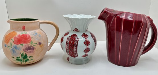 Ukrainian Vase & 2 Vintage Pitchers