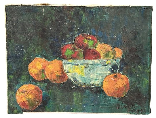 Vintage Modernist Oil On Canvas Still Life With Oranges