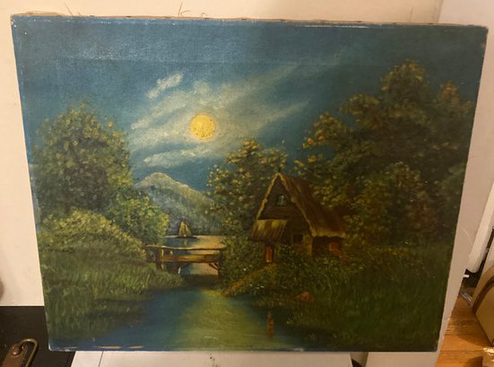 Vintage Oil Painting Cabin In The Woods Signed