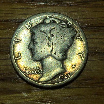 1925 Toned Winged Liberty U.s. Mercury Dime Silver Coin