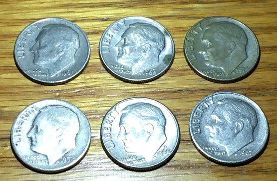 Lot Of 6 - 1952 - 1974 U.s. Silver & Clad Dime Coins