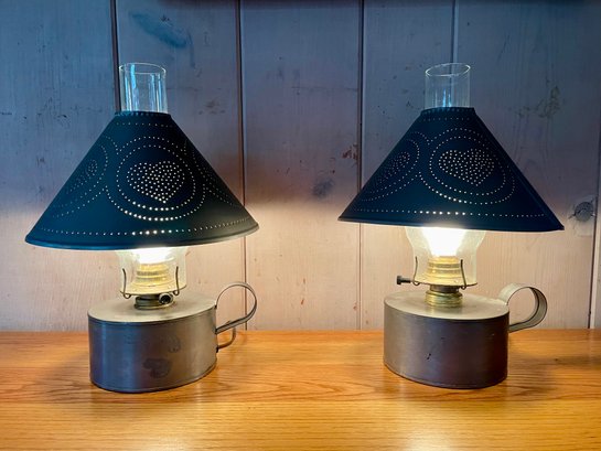 Pair Of Converted Oil Lamps With Pierced Tin Shades