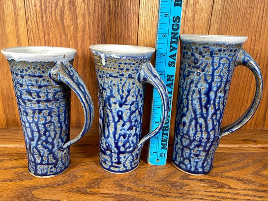 3 Handmade Spongeware Mugs Cups Signed Lamb? Ceramic Pottery 7 To 8in