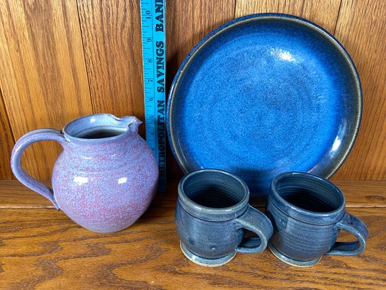 Collection Of Handmade Signed Pottery: Blue Plate, Blue Mugs And Lavender Juice Pitcher