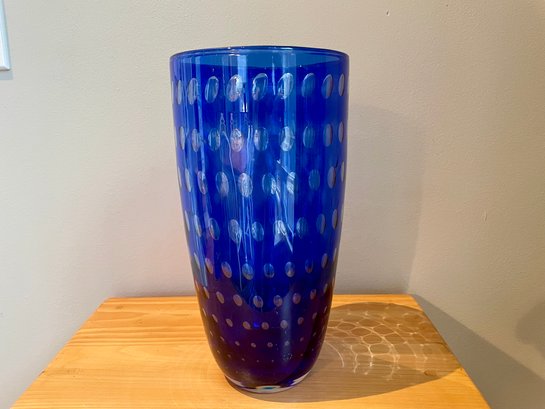Large Cobalt Blue Glass Vase With Clear Polka Dot Design