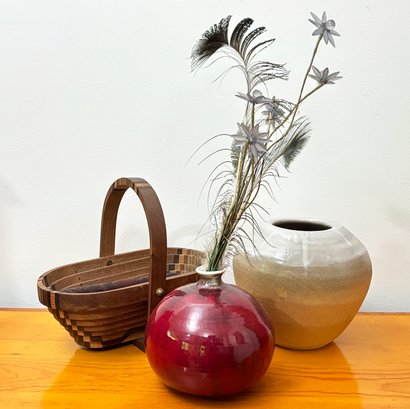 Attractive Vintage Pottery And A Wood Basket
