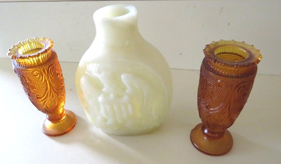 Glass Eagle Bottle & 2 Amber Glass Toothpick Holders