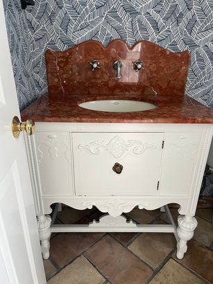 An Antique Victorian Console Sink - Marble Top & Backsplash And Faucet - Powder Room