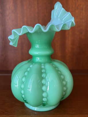 Fenton Beaded Melon Green Overlay On White Art Glass Vase Ruffle Top