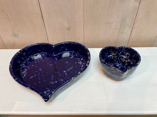 Two Bennington Potters Blue Agate Heart Bowls