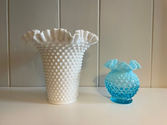 Two Fenton Glass Ribbon Edge Hobnail Vases