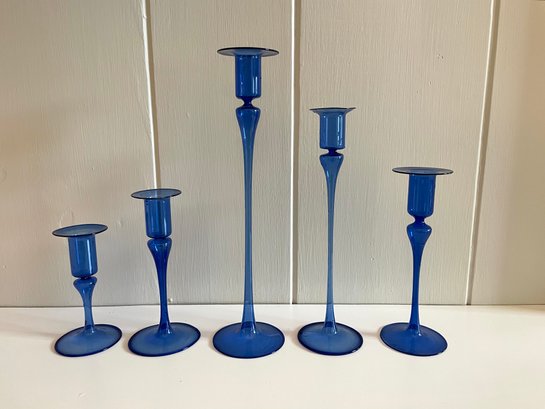 Antique Delicate Cobalt Blown Glass Candle Holders