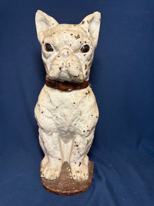 Antique Painted Cast Iron Dog Doorstop W/ Glass Eyes