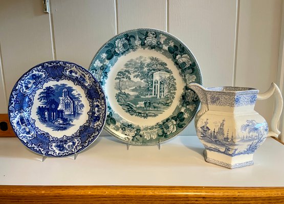 Antique Transferware Plates & Pitcher Including Wedgwood And George Jones & Sons