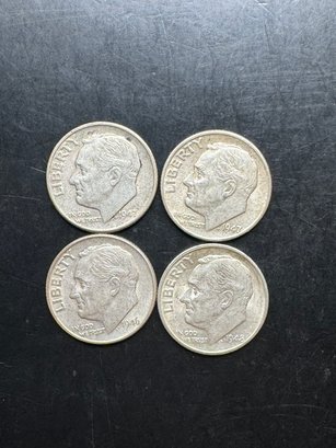 4 Roosevelt Silver Dimes 1946, 1947, 1947-D, 1948-S