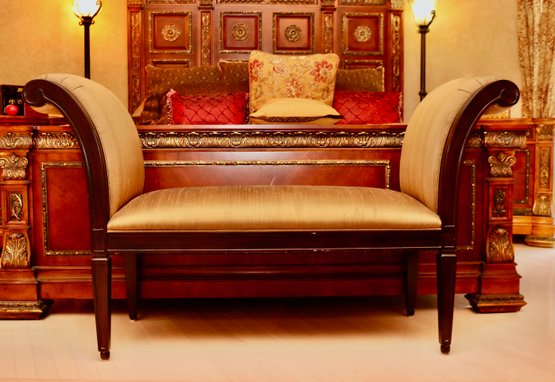 Biltmore Espresso Rolled Arm Bench With Copper Silk Upholstery