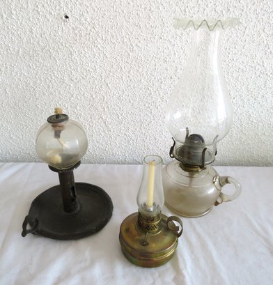 3 Piece Antique Oil Lamps Hurricane Brass