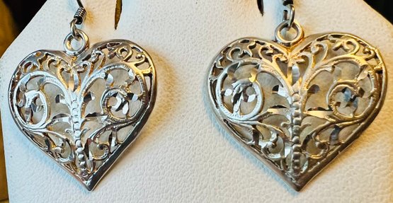 VINTAGE SIGNED STERLING SILVER HEART RIGHT CUT EARRINGS