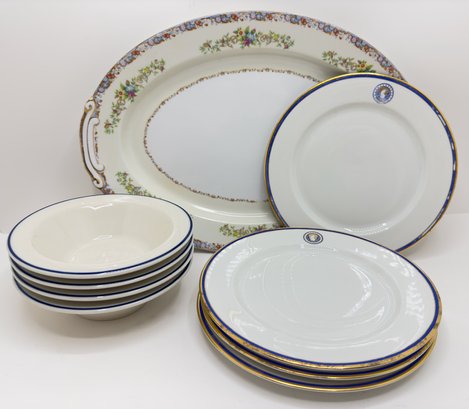 4 Plates With Eagle Emblem & Gold Trim, 4 Bowls & Vintage Platter From Japan