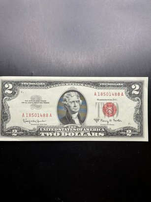 1963-A Red Seal $2 Bill AU CONDITION