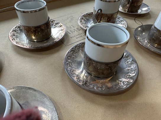 Set Of 8 Veracruz Porcelana Silver Plate Demitasse Cups With Holders And Saucers