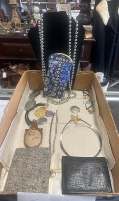 Collection Of Jewelry Lot Of Necklace, Bracelets Multicolor, Pendants, Pins, Glasses, Leather Purse. Tom A/A3