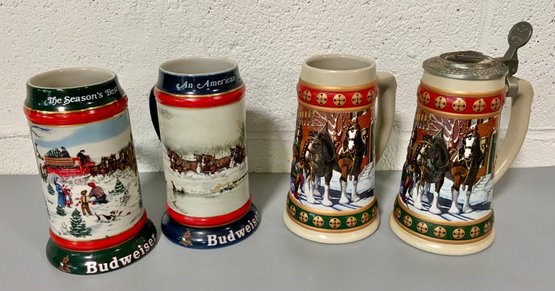 4 Vintage Budweiser Collectible Steins ~ One Lidded ~