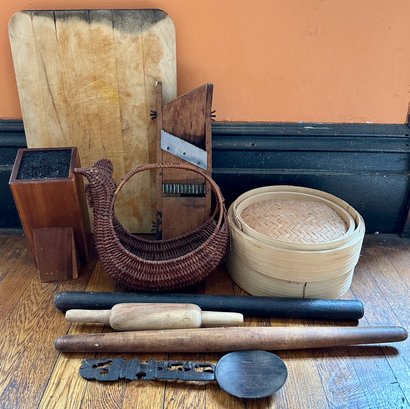 Kitchen Tools: Knife Holder, Steamer, Rolling Pins, Mandoline, Cutting Board & More, Mostly Vintage