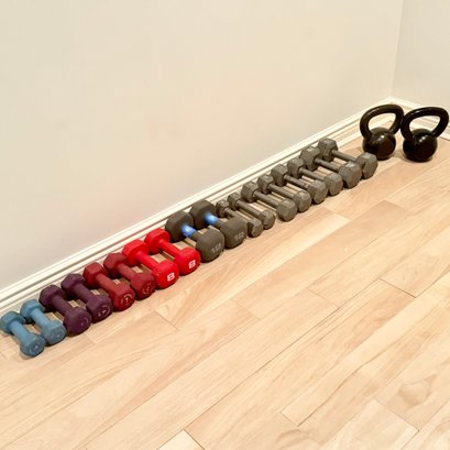 Dumbbells In Various Weights And 25 Lb Kettlebells