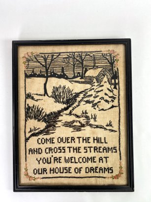 Antique Needlepoint - Come Over The Hill - Framed Behind Glass