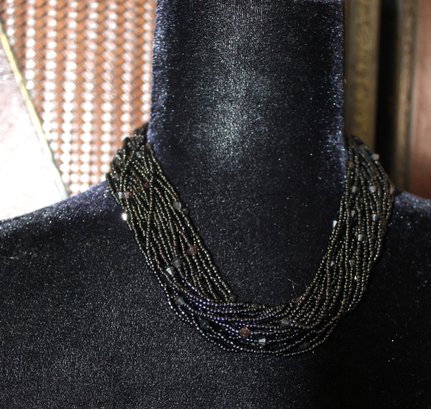 Vintage Hand-made Multi Strands Beaded Black 18' Necklace