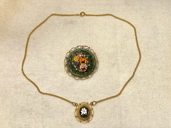 Vintage Italian Micro Mosaic Floral Brooch & Necklace