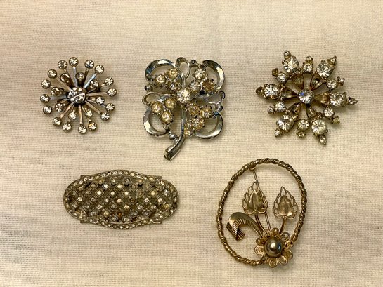 Five Vintage Silver Toned & Rhinestone Brooches