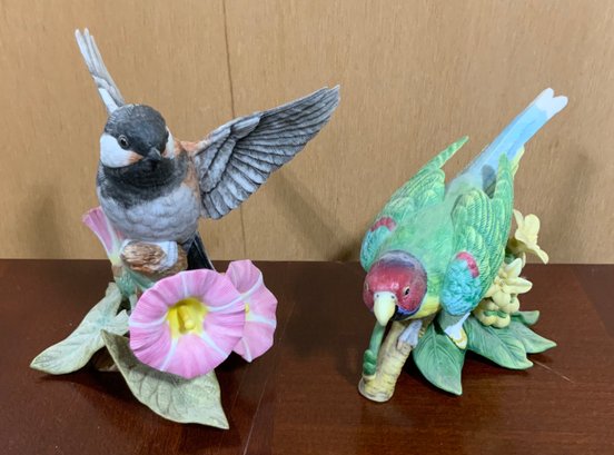 2 Vintage Lenox Porcelain Birds ~ Plum-Headed Parakeet & Chestnut-Backed Chickadee ~
