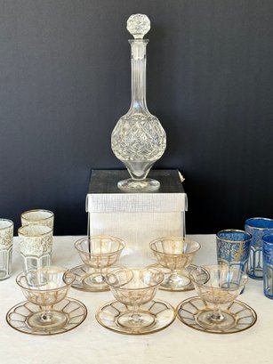 Vintage Crystal Decanter, Dessert Set & Six Moroccan Painted Glasses