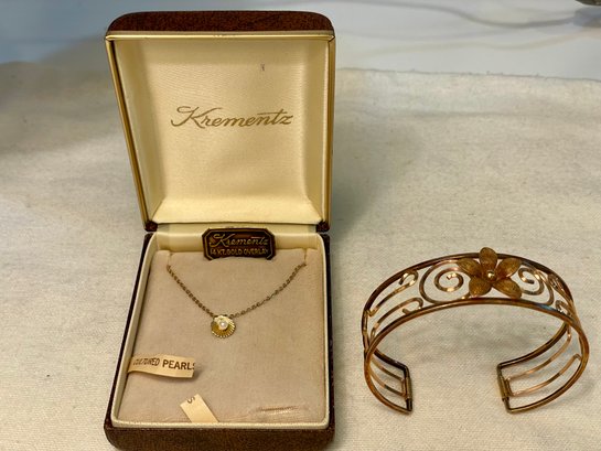 Krementz Cuff Bracelet & Cultured Pearl Drop Necklace