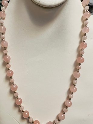 VINTAGE 24' PINK STONE & SILVER TONE BEAD NECKLACE