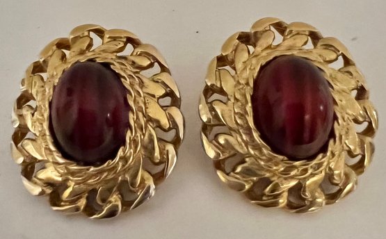 VINTAGE SIGNED CAROLEE GOLD TONE FAUX TIGER EYE CLIP-ON EARRINGS