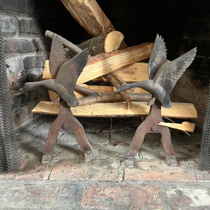A Pair Of  Charming  Iron Duck In Flight Fire Dogs