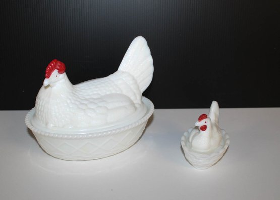 Pair Of Vintage Milk Glass Nesting Hens