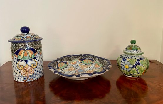 Three Uriarte Talavera Colorful Terra Cotta Glazed Vessels, Made In Mexico