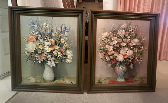Two Adorable Water Color Oil Paintings Of A Flower Vases Of Roses & Different Flowers In A Wooden Framed.