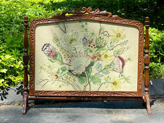 Antique Embroidered Fireplace Screen With Glass Front