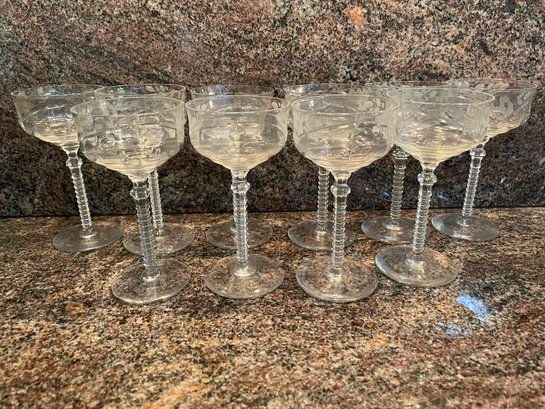 10 Vintage  Etched Stem Crystal  Wine Glasses.  5 1/4' Tall