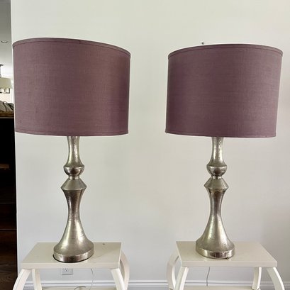 A Pair Of Metal Clad Turned Lamps - Silver With Purple Linen Shades - Lazy Susan
