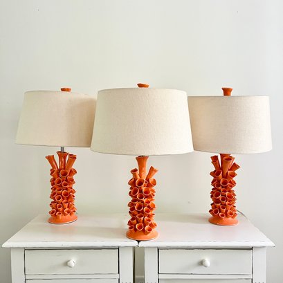 A Set Of Three Ceramic Coral Form Orange Table Lamps