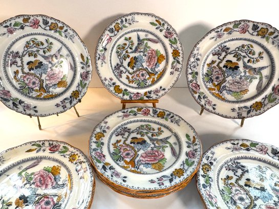 Set 12 Antique English Dinner Plates With Rose Pattern