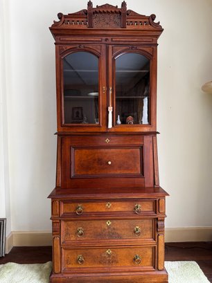 Gorgeous Antique Eastlake-influenced Dutch Colonial Walnut Secretary With Bookcase And Burlwood Panels